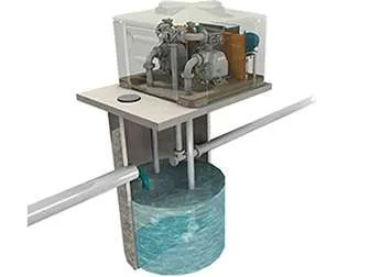 Self-priming centrifugal pump station with dual pumps, above-ground design, and water reservoir illustrating efficient pumping solutions for various applications.