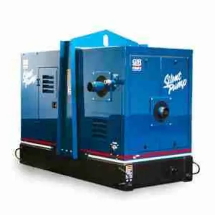 Silent Pump, portable engine-driven pump, designed for sewage and dewatering applications, featuring a robust blue casing and various engine options.
