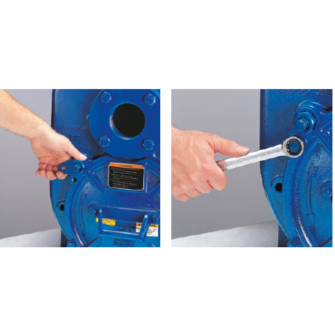 Hands adjusting the external shim-less impeller/wear plate clearance on Gorman-Rupp Super U series pump, showcasing maintenance features for efficient operation.