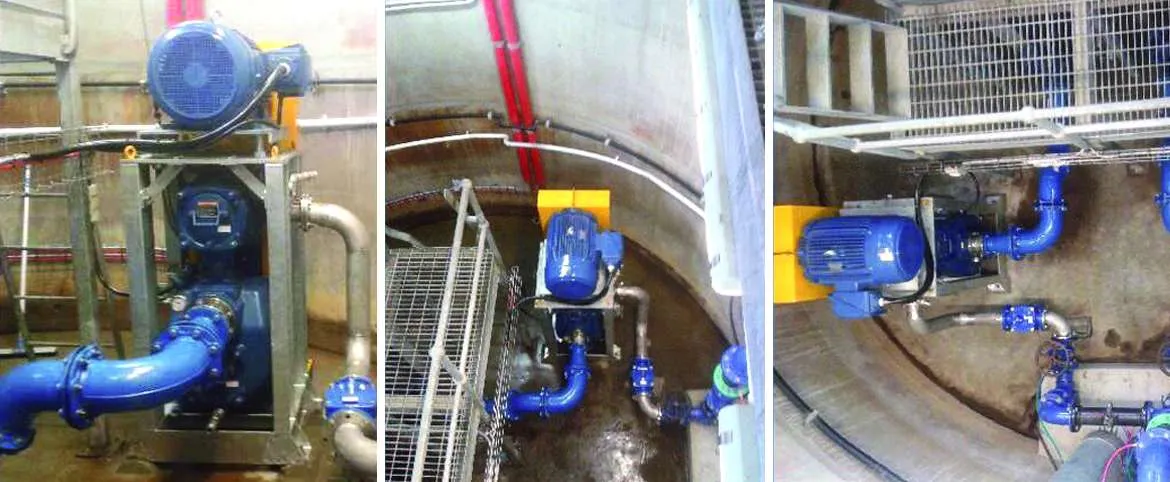 Gorman-Rupp Ultra VS Series sewage pumps installed in a municipal sewage treatment facility, showcasing efficient pump design and piping connections.