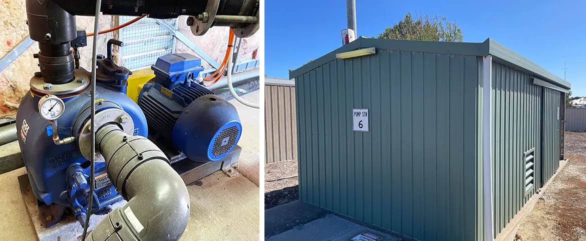 Gorman-Rupp wastewater pump system and control shed at Kingston SE Council, showcasing advanced pumping technology for efficient wastewater management.