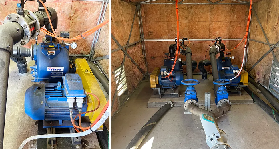 Gorman-Rupp T3A60S-B sewage pumps in wastewater management facility, showcasing operational setup with pipes and valves, highlighting efficient pumping technology for Kingston District Council.